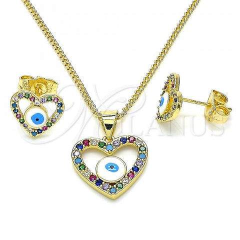 Oro Laminado Earring and Pendant Adult Set, Gold Filled Style Evil Eye and Heart Design, with Multicolor Micro Pave, White Enamel Finish, Golden Finish, 10.156.0365