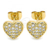 Oro Laminado Stud Earring, Gold Filled Style Heart Design, with White Micro Pave, Polished, Golden Finish, 02.344.0086