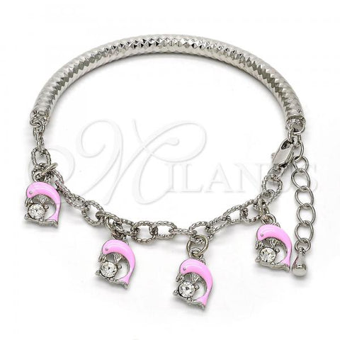 Rhodium Plated Charm Bracelet, Dolphin and Hollow Design, with White Crystal, Pink Enamel Finish, Rhodium Finish, 03.63.1831.08