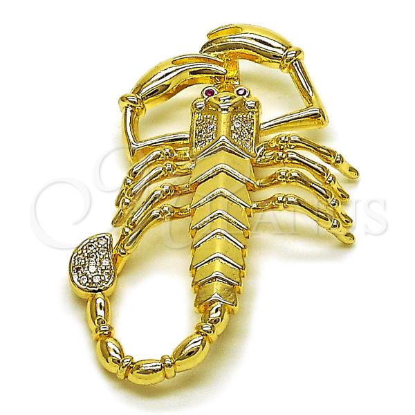Oro Laminado Religious Pendant, Gold Filled Style Scorpion Design, with White and Ruby Cubic Zirconia, Polished, Golden Finish, 05.120.0097