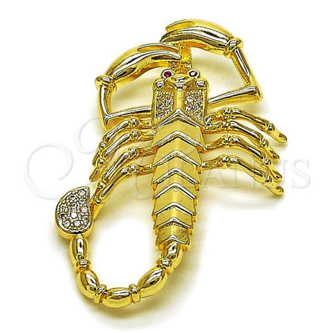 Oro Laminado Religious Pendant, Gold Filled Style Scorpion Design, with White and Ruby Cubic Zirconia, Polished, Golden Finish, 05.120.0097