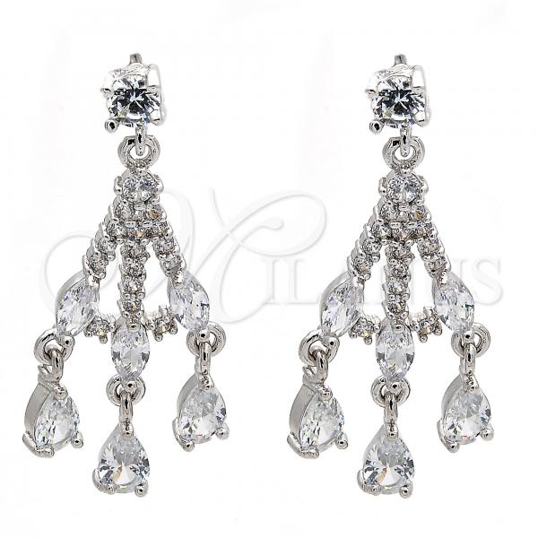 Rhodium Plated Long Earring, Teardrop Design, with White Cubic Zirconia, Polished, Rhodium Finish, 02.206.0054.2