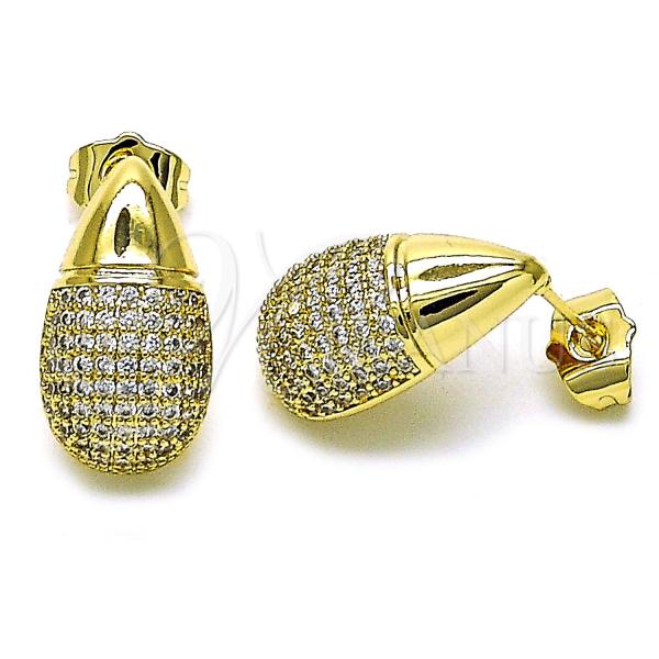 Oro Laminado Stud Earring, Gold Filled Style Chunky Design, with White Micro Pave, Polished, Golden Finish, 02.283.0142