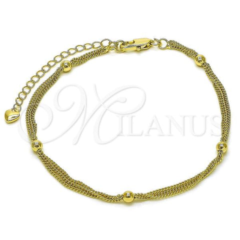 Oro Laminado Basic Anklet, Gold Filled Style Miami Cuban and Ball Design, Polished, Golden Finish, 03.213.0306.09
