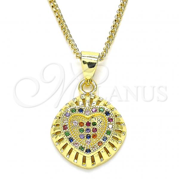 Oro Laminado Pendant Necklace, Gold Filled Style Heart Design, with Multicolor Micro Pave, Polished, Golden Finish, 04.156.0332.3.20