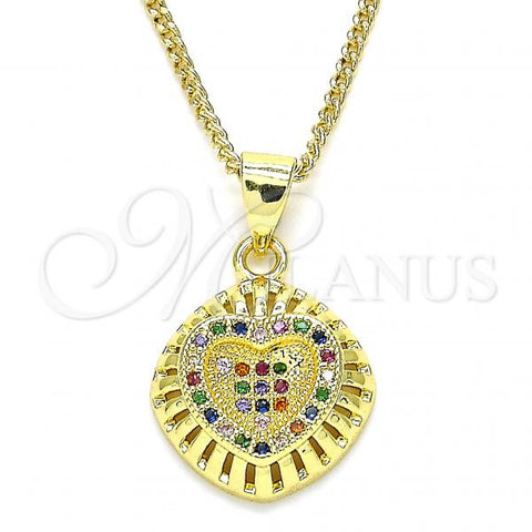 Oro Laminado Pendant Necklace, Gold Filled Style Heart Design, with Multicolor Micro Pave, Polished, Golden Finish, 04.156.0332.3.20