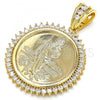 Oro Laminado Religious Pendant, Gold Filled Style San Judas and Centenario Coin Design, with White Cubic Zirconia, Polished, Golden Finish, 05.63.1160