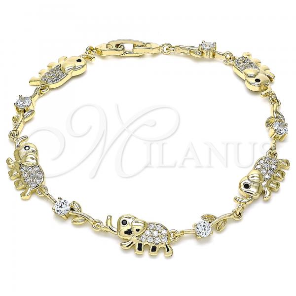 Oro Laminado Fancy Bracelet, Gold Filled Style Elephant and Leaf Design, with White Micro Pave and White Cubic Zirconia, Polished, Golden Finish, 03.210.0138.08