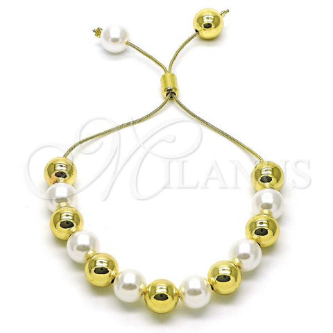 Oro Laminado Adjustable Bolo Bracelet, Gold Filled Style Ball and Hollow Design, with Ivory Pearl, Polished, Golden Finish, 03.417.0002.11