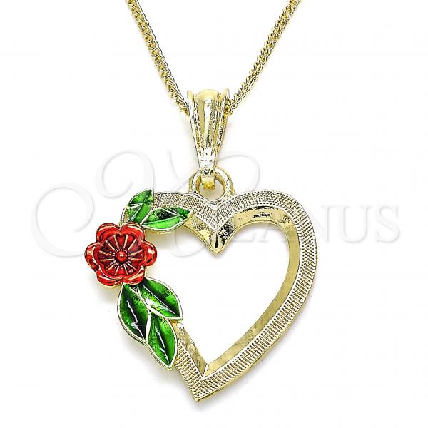 Oro Laminado Pendant Necklace, Gold Filled Style Heart and Flower Design, Polished, Tricolor, 04.351.0013.20