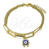 Oro Laminado Charm Bracelet, Gold Filled Style Evil Eye and Paperclip Design, Blue Enamel Finish, Golden Finish, 03.213.0186.07