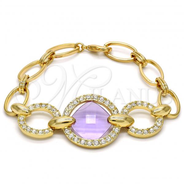 Oro Laminado Fancy Bracelet, Gold Filled Style with Amethyst Azavache and White Crystal, Polished, Golden Finish, 03.59.0071.08