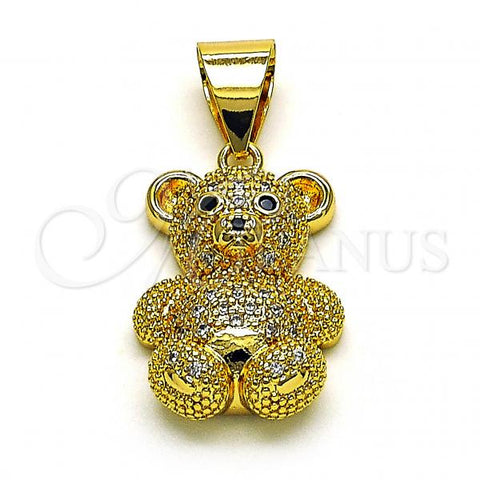 Oro Laminado Fancy Pendant, Gold Filled Style Teddy Bear Design, with White and Black Micro Pave, Polished, Golden Finish, 05.342.0099