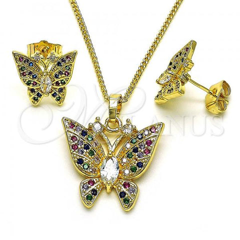 Oro Laminado Earring and Pendant Adult Set, Gold Filled Style Butterfly Design, with Multicolor Cubic Zirconia, Polished, Golden Finish, 10.284.0027