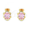 Oro Laminado Stud Earring, Gold Filled Style Flower Design, with Pink Cubic Zirconia, Polished, Golden Finish, 02.213.0230