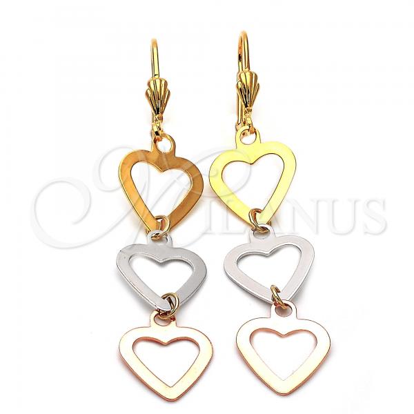 Oro Laminado Long Earring, Gold Filled Style Heart Design, Polished, Tricolor, 5.065.011