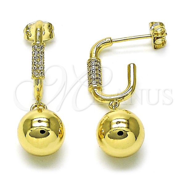 Oro Laminado Dangle Earring, Gold Filled Style Chunky Design, with White Micro Pave, Polished, Golden Finish, 02.213.0709