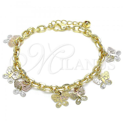 Oro Laminado Charm Bracelet, Gold Filled Style Butterfly Design, Polished, Tricolor, 03.331.0171.08