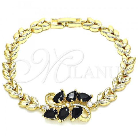 Oro Laminado Fancy Bracelet, Gold Filled Style Teardrop and Leaf Design, with Black and White Cubic Zirconia, Polished, Golden Finish, 03.210.0128.1.07