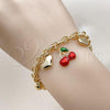Oro Laminado Charm Bracelet, Gold Filled Style Cherry and Heart Design, Red Enamel Finish, Golden Finish, 03.282.0006.07
