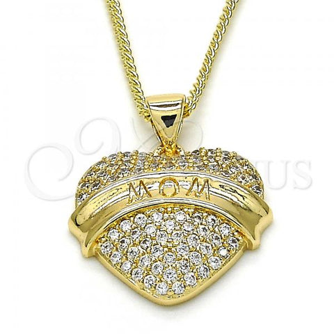 Oro Laminado Pendant Necklace, Gold Filled Style Heart Design, with White Cubic Zirconia, Polished, Golden Finish, 04.156.0173.20
