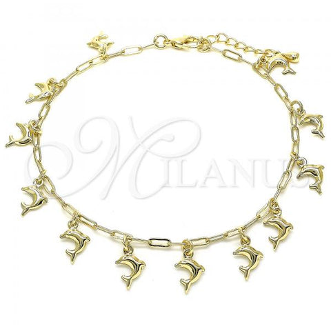 Oro Laminado Charm Anklet , Gold Filled Style Dolphin and Paperclip Design, Polished, Golden Finish, 03.372.0017.10