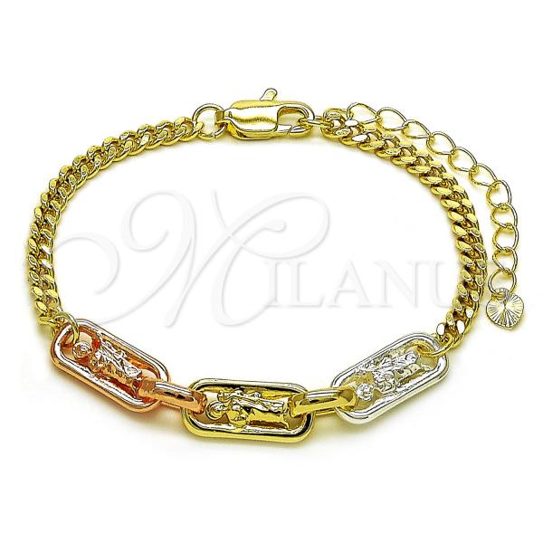 Oro Laminado Fancy Bracelet, Gold Filled Style San Judas and Miami Cuban Design, Polished, Tricolor, 03.411.0079.07
