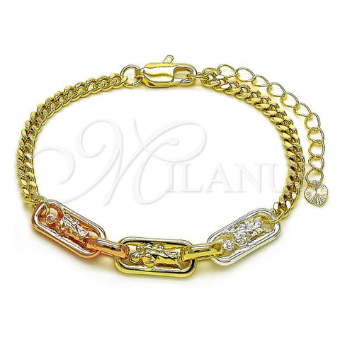 Oro Laminado Fancy Bracelet, Gold Filled Style San Judas and Miami Cuban Design, Polished, Tricolor, 03.411.0079.07