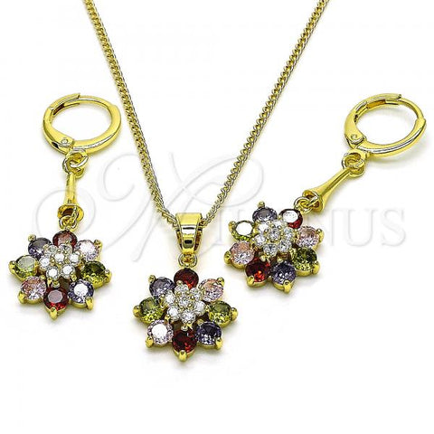 Oro Laminado Earring and Pendant Adult Set, Gold Filled Style Flower Design, with Multicolor Cubic Zirconia, Polished, Golden Finish, 10.387.0011.1