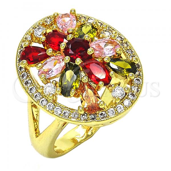 Oro Laminado Multi Stone Ring, Gold Filled Style Flower Design, with Multicolor Cubic Zirconia, Polished, Golden Finish, 01.266.0025.07 (Size 7)