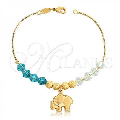 Oro Laminado Charm Bracelet, Gold Filled Style Elephant and Box Design, with White and Aqua Blue Crystal, Polished, Golden Finish, 03.32.0202.07