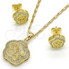 Oro Laminado Earring and Pendant Adult Set, Gold Filled Style Flower and Star Design, with White Cubic Zirconia, Polished, Golden Finish, 10.156.0154