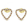 Oro Laminado Stud Earring, Gold Filled Style Heart Design, with Garnet and White Micro Pave, Polished, Golden Finish, 02.156.0522.1