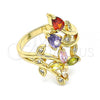 Oro Laminado Multi Stone Ring, Gold Filled Style Flower and Leaf Design, with Multicolor Cubic Zirconia, Polished, Golden Finish, 01.283.0025.07