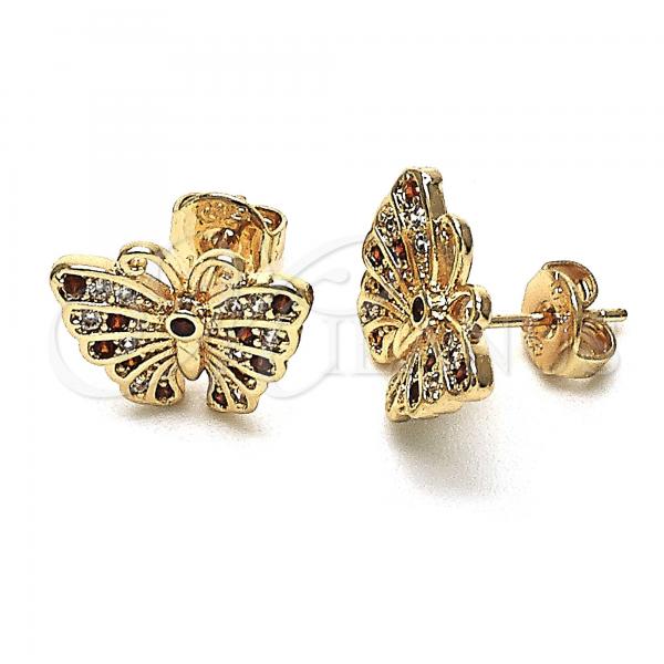 Oro Laminado Stud Earring, Gold Filled Style Butterfly Design, with Garnet and White Micro Pave, Polished, Golden Finish, 02.26.0289.1