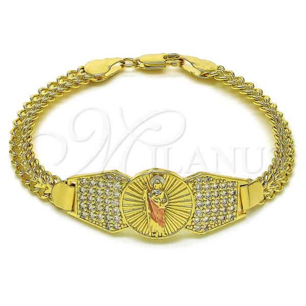 Oro Laminado Fancy Bracelet, Gold Filled Style San Judas and Bismark Design, with White Cubic Zirconia, Polished, Tricolor, 03.411.0042.1.08