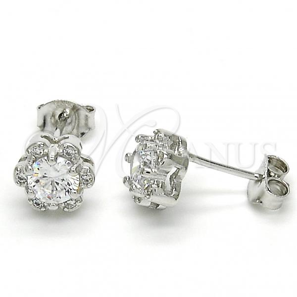 Sterling Silver Stud Earring, Flower Design, with White Cubic Zirconia, Polished, Rhodium Finish, 02.285.0084
