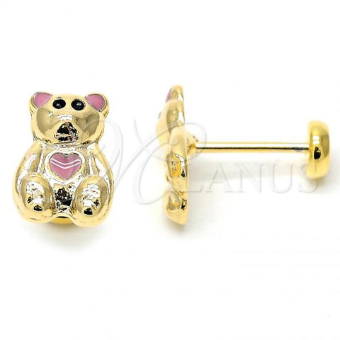 Oro Laminado Stud Earring, Gold Filled Style Teddy Bear Design, Pink Enamel Finish, Golden Finish, 02.09.0092