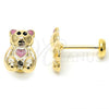 Oro Laminado Stud Earring, Gold Filled Style Teddy Bear Design, Pink Enamel Finish, Golden Finish, 02.09.0092