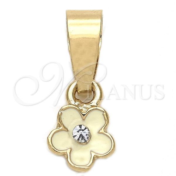 Oro Laminado Fancy Pendant, Gold Filled Style Flower Design, with White Crystal, White Enamel Finish, Golden Finish, 05.163.0070