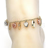 Oro Laminado Charm Anklet , Gold Filled Style Heart Design, with White Crystal, Polished, Tricolor, 03.331.0023.10