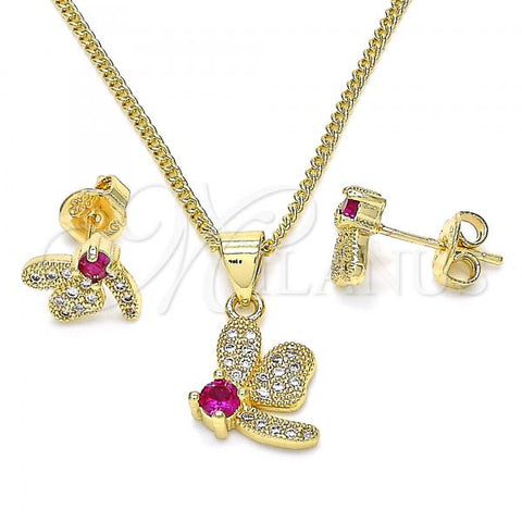 Oro Laminado Earring and Pendant Adult Set, Gold Filled Style Dragon-Fly Design, with Ruby Cubic Zirconia and White Micro Pave, Polished, Golden Finish, 10.199.0152.2