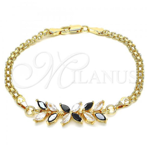 Oro Laminado Fancy Bracelet, Gold Filled Style Flower and Leaf Design, with Black and White Cubic Zirconia, Polished, Golden Finish, 03.63.2129.1.07