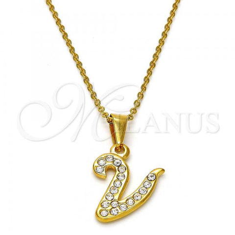 Stainless Steel Pendant Necklace, Initials and Rolo Design, with White Crystal, Polished, Golden Finish, 04.238.0028.1.18