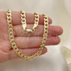 Oro Laminado Basic Necklace, Gold Filled Style Pave Cuban Design, Diamond Cutting Finish, Golden Finish, 5.223.003.24