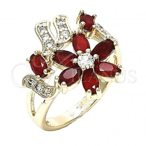 Oro Laminado Multi Stone Ring, Gold Filled Style Flower Design, with Ruby and White Cubic Zirconia, Polished, Golden Finish, 01.210.0092.1.06 (Size 6)
