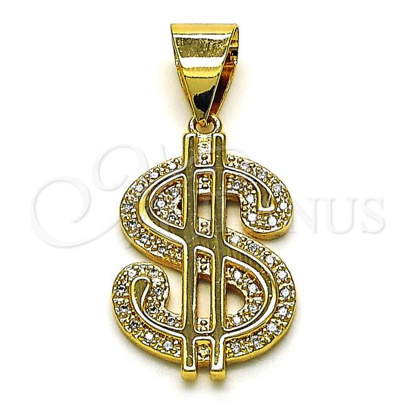 Oro Laminado Fancy Pendant, Gold Filled Style Money Sign Design, with White Micro Pave, Polished, Golden Finish, 05.342.0104