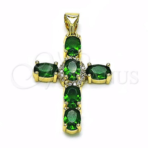 Oro Laminado Religious Pendant, Gold Filled Style Cross Design, with Green Cubic Zirconia and White Micro Pave, Polished, Golden Finish, 05.213.0141
