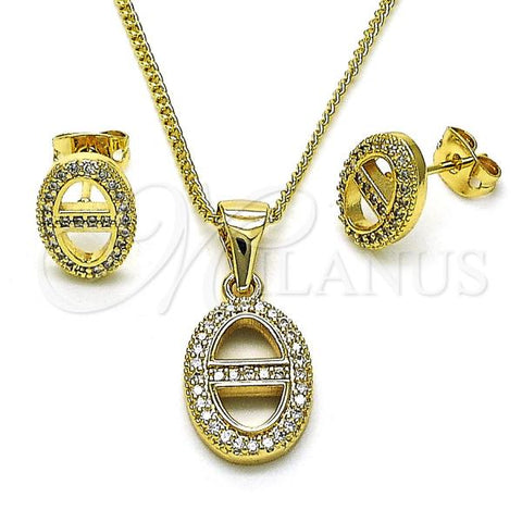 Oro Laminado Earring and Pendant Adult Set, Gold Filled Style Puff Mariner Design, with White Micro Pave, Polished, Golden Finish, 10.342.0146