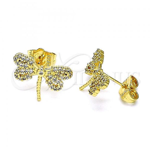 Oro Laminado Stud Earring, Gold Filled Style Dragon-Fly Design, with White Micro Pave and White Cubic Zirconia, Polished, Golden Finish, 02.156.0640